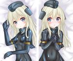  blonde_hair blue_eyes breasts commentary_request covered_navel cropped_jacket eyebrows eyebrows_visible_through_hair garrison_cap hat kantai_collection langley1000 long_hair looking_at_viewer lying md5_mismatch military military_uniform small_breasts u-511_(kantai_collection) uniform 