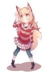  animal_ears blonde_hair blush boots clenched_teeth fox_ears fox_tail hand_up horizontal_stripes long_hair original pleated_skirt pullover red_eyes skirt solo striped tail teeth tousaki_shirasu 