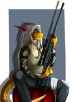  anthro breasts clothed clothing dragon earpiece female gun half-closed_eyes harnny ranged_weapon rifle simple_background sitting smile sniper_rifle solo teeth weapon 