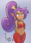  arms_behind_back artist_name blue_eyes blush_stickers breasts choker cleavage dark_skin earrings eyelashes fernal-red holding_arm jewelry large_breasts long_hair navel pointy_ears ponytail purple_hair shantae_(character) shantae_(series) simple_background solo tiara very_long_hair vest 