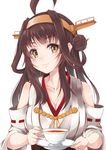  absurdres ahoge bare_shoulders blush breasts brown_eyes brown_hair cleavage collarbone commentary_request cup detached_sleeves double_bun hairband hazuki_gyokuto headgear highres japanese_clothes kantai_collection kongou_(kantai_collection) large_breasts long_hair looking_at_viewer nontraditional_miko ribbon-trimmed_sleeves ribbon_trim smile solo teacup upper_body white_background 