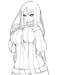  bottomless breasts colorized greyscale kantai_collection large_breasts lineart long_hair looking_at_viewer monochrome naked_sweater ribbed_sweater shiki_(psychedelic_g2) shinkaisei-kan simple_background smile solo sweater ta-class_battleship turtleneck 