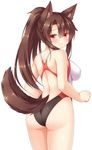 alternate_hairstyle animal_ears ass back blush breasts brown_hair clenched_hand competition_swimsuit from_behind hair_between_eyes highres imaizumi_kagerou large_breasts long_hair looking_at_viewer looking_back one-piece_swimsuit ponytail red_eyes sideboob simple_background solo standing swimsuit tail tareme touhou white_background wolf_ears wolf_tail yuu_(yu0221f) 