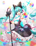  :d armpit_peek black_bow black_dress blurry bow breasts cable cowboy_shot cube depth_of_field dress eyelashes gloves glowing gradient gradient_background grey_background hair_between_eyes hair_bow hatsune_miku headphones highres lens_flare long_hair looking_at_viewer magical_mirai_(vocaloid) microphone_stand necktie open_mouth outstretched_arms pantyhose pinafore_dress shirt small_breasts smile solo sparkle striped twintails vertical-striped_dress vertical_stripes very_long_hair vocaloid white_gloves white_legwear white_shirt y.i._(lave2217) 