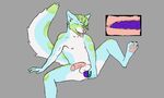 anal balls big_tail blue_fur bright_colors canine coyote dildo dizzy_knight_(character) dizzyknight_(artist) eyes_closed flat_colors fur green_fur human_genitalia internal male mammal masturbation panting paws penis sex_toy simple_background slim solo thick_penis white_fur 