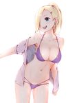  :d arm_at_side backlighting bad_id bad_pixiv_id bikini bikini_under_clothes blonde_hair blue_eyes breasts cleavage collarbone cowboy_shot earrings hair_ornament hair_over_one_eye hairclip halterneck highres jewelry large_breasts leaning_forward legs_apart long_hair looking_back manatsuki_manata multi-strapped_bikini naruto naruto_(series) navel off_shoulder one_eye_covered open_clothes open_mouth open_shirt outstretched_arm ponytail puffy_short_sleeves puffy_sleeves purple_bikini shiny shirt short_sleeves simple_background smile solo stomach string_bikini stud_earrings swimsuit white_background yamanaka_ino 
