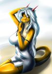  anthro clothed clothing dragon female harnny looking_at_viewer simple_background sitting smile solo 