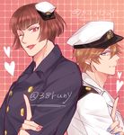  admiral_(kantai_collection) admiral_arisugawa blonde_hair brown_hair commentary_request earrings girly_boy hat heart heart_background index_finger_raised jewelry kantai_collection lipstick looking_at_viewer makeup male_focus military military_hat military_uniform multiple_boys nagomi_(mokatitk) nail_polish original red_eyes trench_coat twitter_username uniform 
