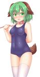  animal_ears arm_behind_back bdsm blush collar collarbone covered_navel dog_ears dog_tail embarrassed floppy_ears green_eyes green_hair highres kasodani_kyouko leash looking_at_viewer one-piece_swimsuit open_mouth school_swimsuit simple_background smile solo standing swimsuit tail thighhighs touhou white_background white_legwear yuu_(yu0221f) 