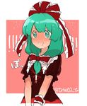  1girl @_@ bad_id bad_twitter_id blush bow dress flying_sweatdrops front_ponytail full-face_blush green_eyes green_hair hair_bow hair_ribbon kagiyama_hina long_hair open_mouth red_dress ribbon ringed_eyes short_sleeves smile solo sweatdrop tori_(otori) touhou twitter_username upper_body wrist_ribbon 