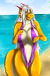  anthro areola beach big_breasts breasts camel_toe clothing dragon female harnny looking_at_viewer nipple_bulge outside seaside smile solo standing swimsuit 