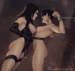  2girls bdsm black_hair bondage bondage_outfit bound breasts chains cuffs elbow_gloves femdom freckles gloves highres long_hair looking_at_another multiple_girls nipples nude original short_hair sketchy-linez thighhighs yuri 