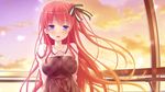  1girl blush bow cloud erenoaru_erisu female game_cg long_hair nanase_meruchi purple_hair red_hair smile solo sunset unlucky_re:birth/reverse windmill_(company) 