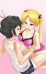  after_kiss amano_onsa bad_id bad_pixiv_id bakuon!! bell bikini black_hair blonde_hair blush breasts casual cleavage commentary_request curly_hair elusya eye_contact green_eyes hair_bell hair_ornament hairband highres interlocked_fingers large_breasts long_hair looking_at_another multiple_girls saliva saliva_trail short_hair suzunoki_rin sweat swimsuit twintails yuri 