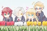  blonde_hair blue_eyes chin_rest eighth_note fangs flower glasses gokotai gokotai's_tigers green_eyes hakata_toushirou heart kurosuke_(hipparu) long_hair male_focus midare_toushirou military military_uniform multiple_boys musical_note necktie open_mouth red-framed_eyewear red_hair shinano_toushirou shorts smile tiger tiger_cub touken_ranbu tulip uniform white_hair white_tiger yawning yellow_eyes 