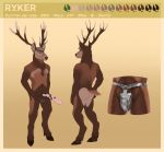  animal_genitalia animal_penis anthro antlers balls biped black_nose butt cervid cervine chastity_cage english_text equine_penis erection eyebrows front_view fur hair homogenousrule horn male mammal model_sheet nipples nude penis rear_view red_deer ryker_(lithotome) solo standing text 