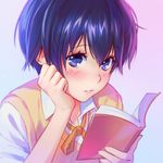  blue_eyes blue_hair blush bokura_wa_minna_kawaisou book book_focus close-up closed_mouth collared_shirt eyebrows eyebrows_visible_through_hair eyelashes face gradient gradient_background hand_on_own_cheek hand_up holding holding_book ilya_kuvshinov kawai_ritsu looking_at_viewer open_book orange_ribbon pink_lips ribbon shirt short_hair simple_background solo sweater_vest tareme upper_body wing_collar 