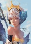  bare_shoulders breasts cleavage dako6995 dated day gwendolyn highres no_choker odin_sphere purple_eyes short_hair small_breasts solo white_hair 
