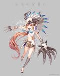  bell bikini_top brown_eyes brown_hair claws clenched_hand fighting_stance glaring hat highres horns jingle_bell long_hair navel original sandals skirt skull solo tobi_(mue86) toes very_long_hair weapon 
