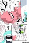  bangs bike_shorts blue_hair blunt_bangs closed_eyes comic eromame fangs flying_sweatdrops holding holding_weapon ink_tank_(splatoon) inkling kraken_(splatoon) long_hair monster_girl multiple_girls pointy_ears single_vertical_stripe splatoon_(series) splatoon_1 splattershot_(splatoon) tentacle_hair translated weapon 