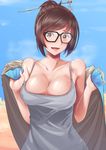  beads black-framed_eyewear blue_sky blush breasts brown_eyes brown_hair camisole cleavage coat collarbone day desert fur_coat fur_trim glasses grey_shirt hair_bun hair_ornament hair_stick highres hot large_breasts mei_(overwatch) open_mouth outdoors overwatch parutoneru shiny shiny_skin shirt short_hair sky smile solo sweat tank_top undressing upper_body 