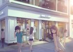  4girls bag bare_shoulders black_hair brown_eyes brown_hair dress handbag holding_hands long_hair looking_back multiple_boys multiple_girls open_mouth original out_of_frame pink_dress pov pov_hands shop short_hair smile white_dress yohan12 