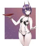  alcohol arute_arisu blush breasts cup fate/grand_order fate_(series) highres horns jewelry navel oni oni_horns purple_eyes purple_hair sakazuki sake short_hair shuten_douji_(fate/grand_order) small_breasts smile solo 