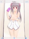  blush cellphone flat_chest mirror nipples phone phone_screen pink_eyes pussy_juice reflection self_shot senki_zesshou_symphogear silver_hair smartphone smile solo taking_picture tsukuyomi_shirabe twintails undressing unyon 