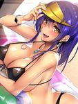  adjusting_headwear bikini black_bikini blush bracelet breasts brown_eyes cropped front-tie_top huge_breasts jewelry long_hair lying necklace on_stomach open_mouth purple_hair smile solo swimsuit tan tanline tomohiro_kai visor_cap 