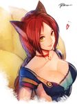  ahri alternate_hair_color animal_ears arms_at_sides bibiko braid breasts cleavage fox_ears fox_tail foxfire_ahri from_above heart large_breasts league_of_legends light_smile lips long_hair looking_at_viewer multiple_tails red_hair single_braid solo tail upper_body whisker_markings yellow_eyes 