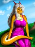  anthro big_breasts breasts clothed clothing dragon female harnny looking_at_viewer outside sitting smile solo tongue tongue_out 