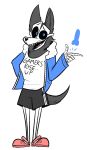 2019 anthro black_fur blue_eyes blue_penis bone breasts canid canine clothed clothing crocs digital_media_(artwork) disembodied_penis english_text female fully_clothed fur hi_res humor jacket keadonger male malo_1.1 mammal meme monster open_mouth penis sans_(undertale) scp-1471 scp_foundation shirt simple_background skull smile solo standing teeth text tongue undertale video_games white_background 