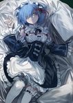  absurdres apron black_dress blue_eyes blue_hair breasts detached_sleeves dress frilled_sleeves frills from_above hair_ornament hair_over_one_eye highres looking_at_viewer lying maid maid_apron maid_headdress md5_mismatch medium_breasts on_back ran_(pixiv2957827) re:zero_kara_hajimeru_isekai_seikatsu rem_(re:zero) ribbon short_hair solo thighhighs white_legwear x_hair_ornament 