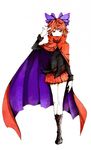  arikanrobo black_shirt boots bow cape commentary_request cross-laced_footwear full_body hair_bow high_collar lace-up_boots long_sleeves looking_at_viewer miniskirt pleated_skirt purple_bow red_eyes red_hair red_skirt salute sekibanki shirt short_hair skirt solo touhou 