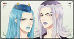  blue_eyes blue_hair blue_lipstick earrings face hat jewelry jojo_no_kimyou_na_bouken lavender_hair leone_abbacchio lipstick long_hair makeup male_focus mizulee multiple_boys narciso_anasui neck purple_eyes purple_lipstick stud_earrings viewfinder 