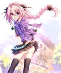  1boy artist_request ass black_legwear blush braid casual fang fate/apocrypha fate/grand_order fate_(series) hair_intakes hair_ribbon long_hair looking_at_viewer miniskirt no_panties open_mouth pink_hair purple_eyes ribbon rider_of_black shiny shiny_clothes shiny_hair shiny_skin single_braid skirt smile solo thighhighs trap 