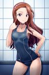  breasts brown_eyes brown_hair cowboy_shot hairband idolmaster idolmaster_(classic) long_hair minase_iori muhi11234 one-piece_swimsuit school_swimsuit small_breasts solo swimsuit wet 