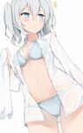  :o ass_visible_through_thighs blue_eyes blush bow bow_panties bra breasts buttons cole cowboy_shot kantai_collection kashima_(kantai_collection) looking_away medium_breasts navel notice_lines open_clothes open_shirt panties see-through shirt silver_hair simple_background solo standing towel twintails underwear wet white_background white_shirt 
