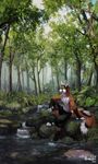  2016 anthro big_tail black_fur blue_eyes brown_fur canine clothed clothing detailed_background fangs fennec forest fox fur jewelry leaves looking_away male mammal nature necklace outside rock sitting solo thanshuhai topless tree water white_fur wolf 