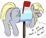  2015 absurd_res anus blonde_hair cutie_mark derpy_hooves_(mlp) english_text equine feathered_wings feathers female friendship_is_magic fur glacierclear grey_feathers grey_fur hair hi_res lol_comments looking_at_viewer mailbox mammal my_little_pony pegasus pussy solo stuck teeth text wings wodahseht 