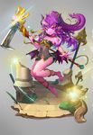  bangs bare_shoulders barefoot chain collarbone dragon_girl dress earrings eyebrows eyebrows_visible_through_hair full_body grey_background highres holding holding_weapon horns jewelry kisina long_hair looking_at_viewer original pink_skin pointy_ears purple_hair red_eyes scythe simple_background smile solo weapon wings 