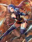  blue_hair boots breasts dragon garter_straps green_eyes high_heel_boots high_heels highres katana kisina large_breasts long_hair looking_at_viewer multicolored_hair outstretched_arm ribbon seven_knights shane_(seven_knights) smile solo streaked_hair sword thigh_boots thighhighs weapon 
