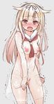  blonde_hair blush breasts brown_eyes commentary_request covered_nipples hair_flaps hair_ornament hair_ribbon hairclip highres kantai_collection long_hair medium_breasts naz nipples open_mouth raincoat remodel_(kantai_collection) ribbon sailor_collar see-through solo standing trembling yuudachi_(kantai_collection) 