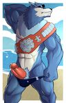  anthro belt border bulge canine clothing digimon dripping eyewear front_view hand_behind_head humanoid_penis looking_at_viewer machgaogamon male mammal muscular nuroi pants_pull penis pinup poking_out pose precum pubes retracted_foreskin solo speedo sunglasses swimsuit uncut 