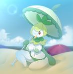  anthro beach big_breasts blush breasts camel_toe clothed clothing elfdrago female flora_fauna food nintendo nipples one_eye_closed petilil plant pok&eacute;mon pok&eacute;morph popsicle red_eyes sand seaside solo topless umbrella video_games 