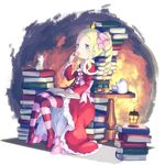  animal ayakashi_(monkeypanch) beatrice_(re:zero) blonde_hair blue_eyes blush book book_focus book_stack bow capelet cat crown cup desk dress drill_hair eating food full_body hair_ribbon highres lantern long_hair long_sleeves looking_at_viewer macaron mini_crown pantyhose pile_of_books puck_(re:zero) re:zero_kara_hajimeru_isekai_seikatsu ribbon sitting sitting_on_books striped striped_legwear symbol-shaped_pupils teacup teapot too_many too_many_books twin_drills twintails wide_sleeves 