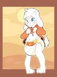  anthro blue_eyes blush caprine clothing cuddlehooves diaper fur goat horn jewelry male mammal necklace simple_background smile solo standing white_fur young 