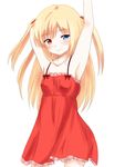  armpits blonde_hair blue_eyes boku_wa_tomodachi_ga_sukunai collarbone dress flat_chest hair_ribbon hasegawa_kobato heterochromia long_hair looking_at_viewer red_dress red_eyes red_ribbon ribbon simple_background smile solo torone white_background 