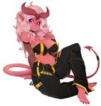  big_breasts breasts chain clothing collar colored_sclera female fishnet_clothing hair horn humanoid navel pants pink_hair pointed_tail pointy_ears purple_eyes simple_background slugbox solo spiked_collar succubus white_background 