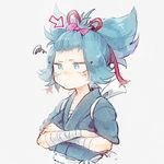  blue_eyes blue_hair bow crossed_arms directional_arrow hair_bow japanese_clothes kurosuke_(hipparu) male_focus ponytail sayo_samonji solo squiggle touken_ranbu upper_body 